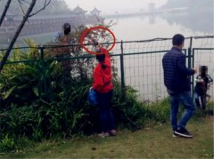 家长带小孩钻进铁丝网内拍照 令路人反感